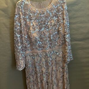 Mac Duggal Long Sleeve Sequin Dress in Silver and Cream